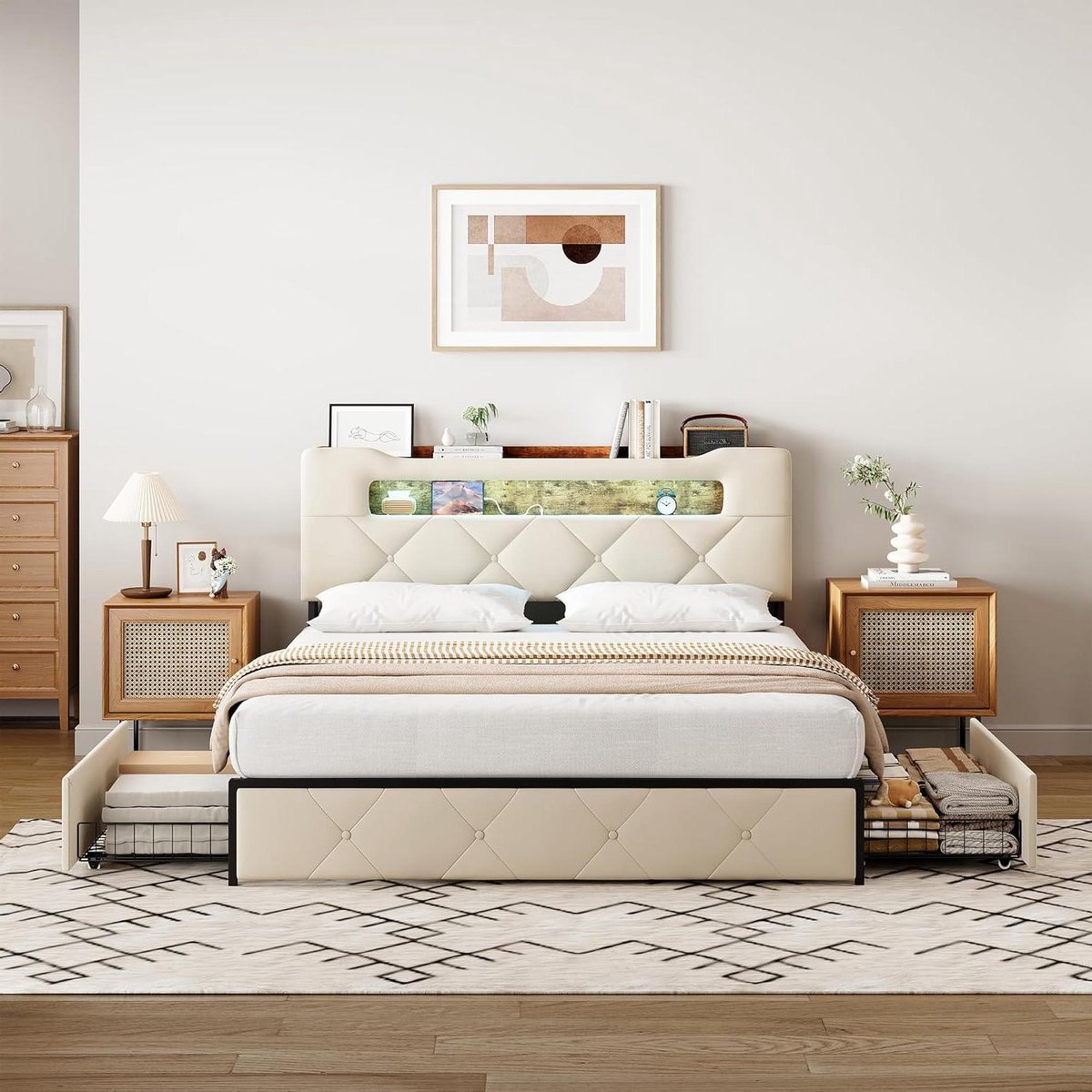 Gestoffeerd Tweepersoonsbed - Modern Bed - Ontspannen Slapen - Geïntegreerde USB-poorten - 140x200 cm - Beige