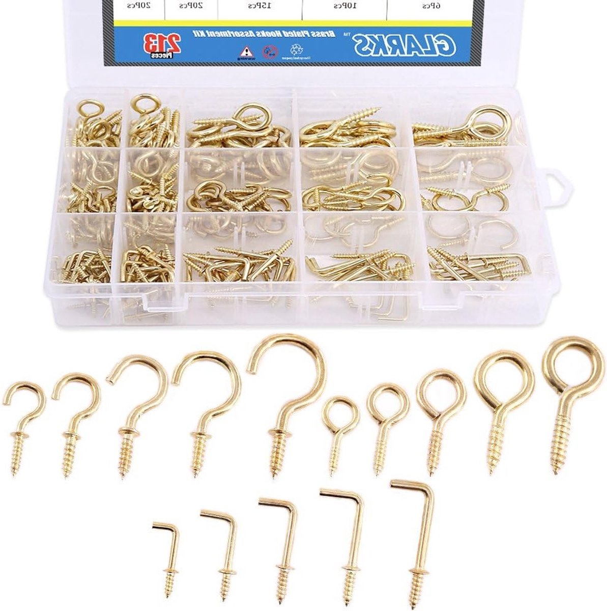213-delige assortiment van messing-plated schroefogen, schroef-in plafondhaken en vierkante buighaken voor het ophangen van decoraties en accessoires