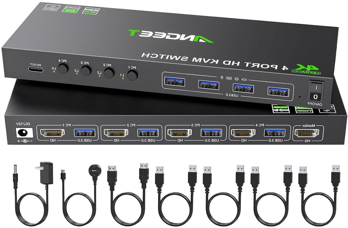 HDMI KVM Switch - 4 Poort Switch - Computers Beheren - EDID Simulatie - 4K @60Hz - Zwart