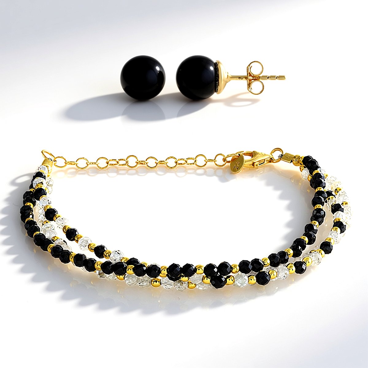 Cavill - Zilveren Sieradenset - 925 Sterling Zilver Verguld - Zwarte Onyx 6,19 ct - Gouden Hematiet & Zirkoon - Verstelbare Armband en Oorbellen