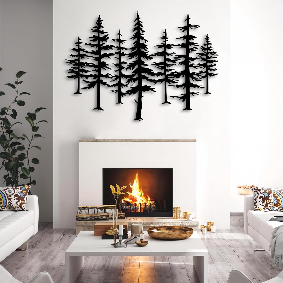 Metalen Muurkunst - Natuur Decoratie - Woonkamer Decoreren - Minimalistisch Lijn Design - 83.8 x 61 cm - Zwart