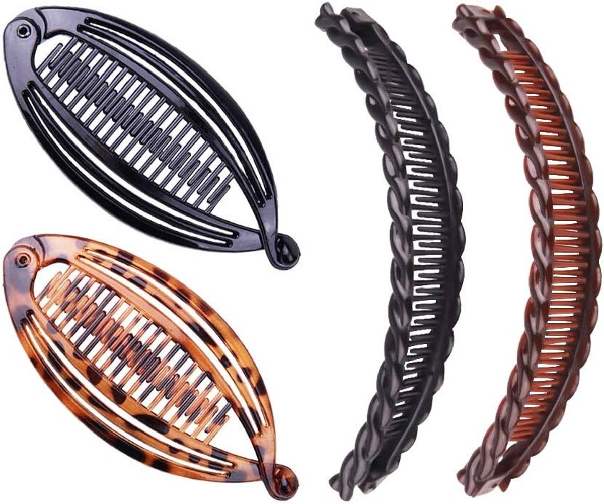 Vissstaart Haarclips voor Hoge Paardenstaarten - Stretch en Flexibele Haaraccessoires voor Lang Haar - 4 Stuks in Bruin en Zwart