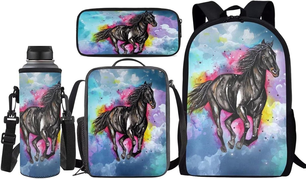 Schoolrugzak Set - Kinderrugzak Tas - Schoolbenodigdheden Opbergen - Waterdichte Stof - 40 x 28 x 10 cm - Waterverf Paard