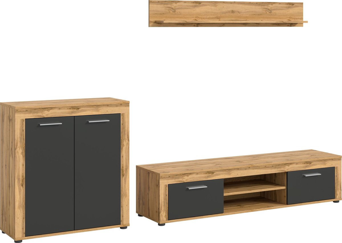 Jam wandkast J3 systeem grijs, eiken decor.