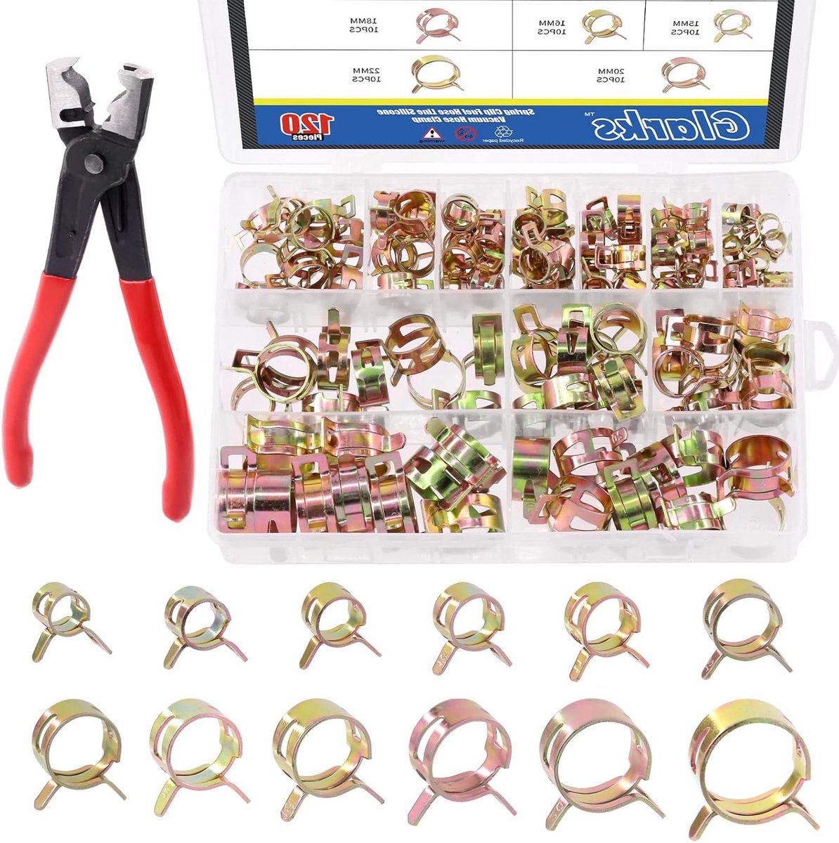 121-delige set met 12 maten 7-12mm veerclips voor brandstof, siliconen en vacuümslangen - Inclusief Clic-R slangklem tang en accessoires voor lage druk toepassingen