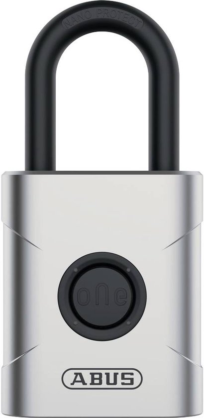 Zilverkleurig ABUS beugelslot met zwarte beugel en cirkelvormige knop.