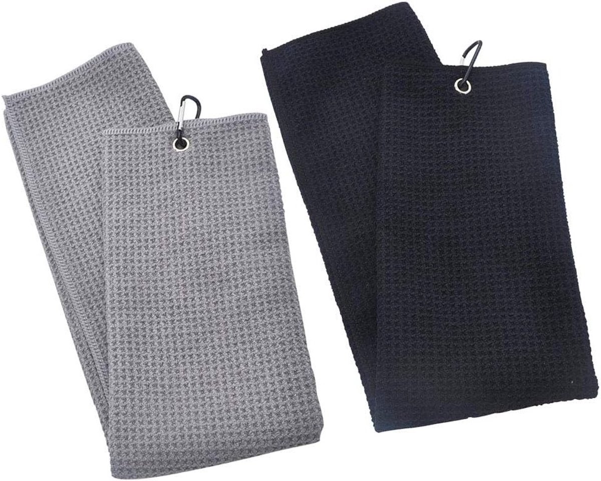Tri-Fold Microvezel Golfhanddoek Set van 2 - Ideaal voor Fitness, Yoga, Outdoor en Sportactiviteiten in Zwart/Grijs