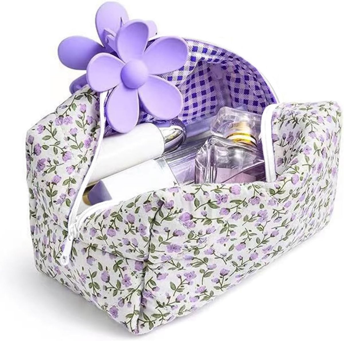 Stijlvolle Make-up Tas voor Dames, Kleine Toilettas met Gewatteerd Floral Design, Perfect voor Cosmetica en Accessoires, #3 Lilac