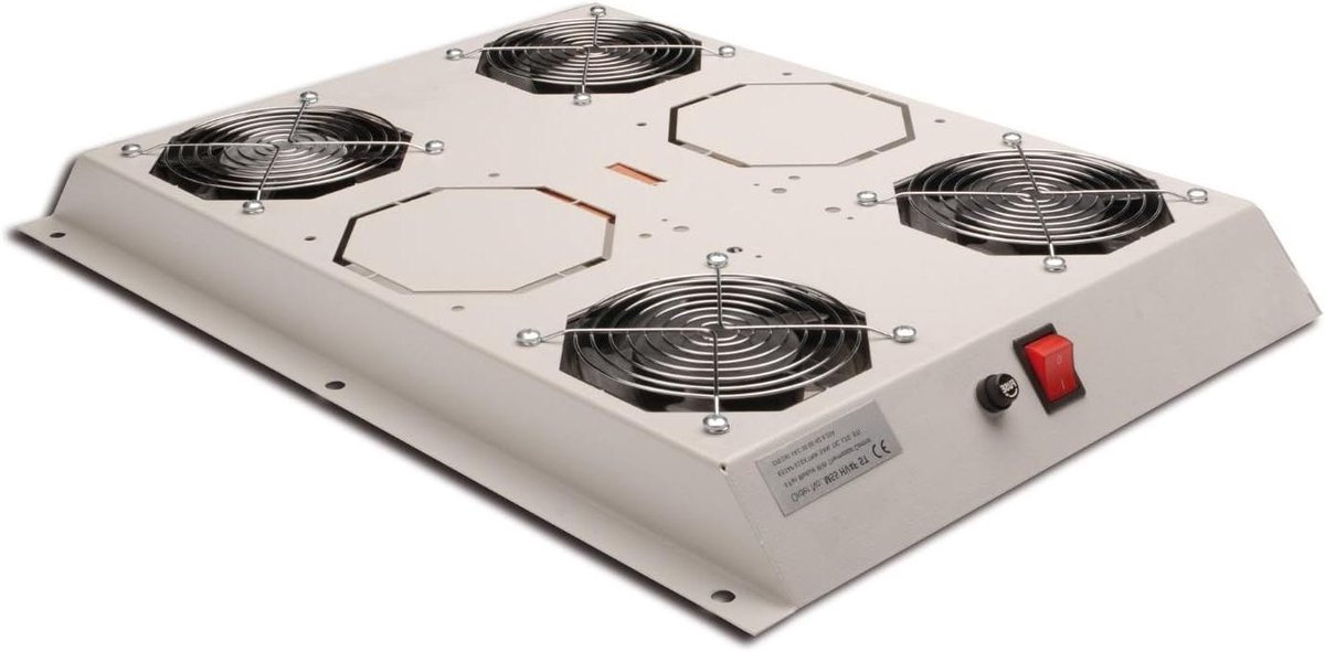 Dakventilatoreenheid - Ventilatiemodule serverkast - Serverkast koelen - Met regelbare thermostaat - 4 ventilatoren - Lichtgrijs