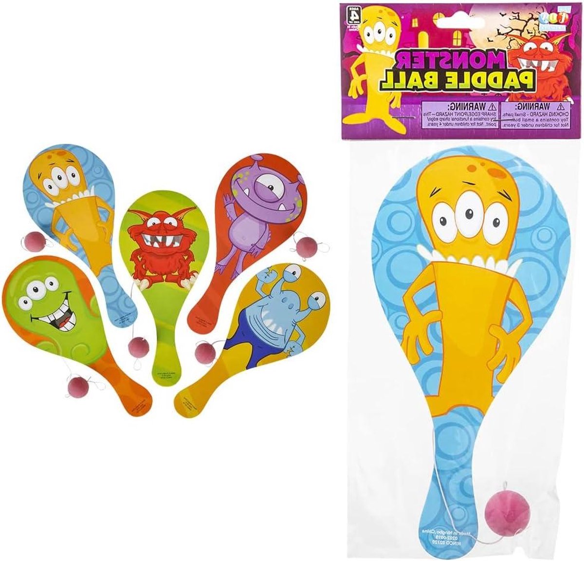 Monster Paddle Balls - Peddelballen Set - Feestelijke Spelletjes - Monster Ontwerpen - 9 Inch - Rood Blauw Groen Geel