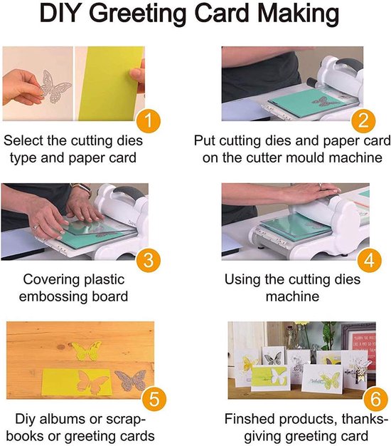 Zes stappenplan voor het maken van wenskaarten met snijmallen, papier en een stansmachine.