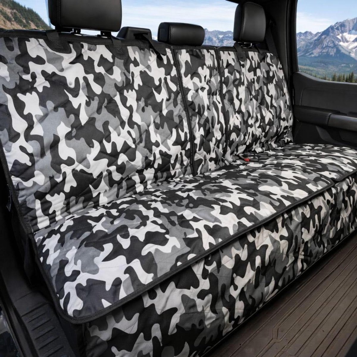 Hondenstoelhoes Achterbank - Autostoelhoes Hond - Voertuig Beschermen - Gepatenteerde Pasvorm Riemen - 54 inch breed - Camo