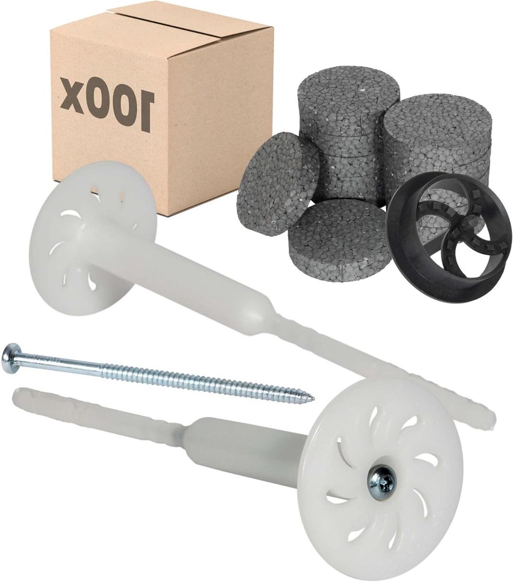 Isolatiepluggen Set - Gevelisolatie Bevestiging - Isolatieplaten Monteren - Voorgemonteerde Slagpluggen - Ø8x220mm 100 stuks - Wit