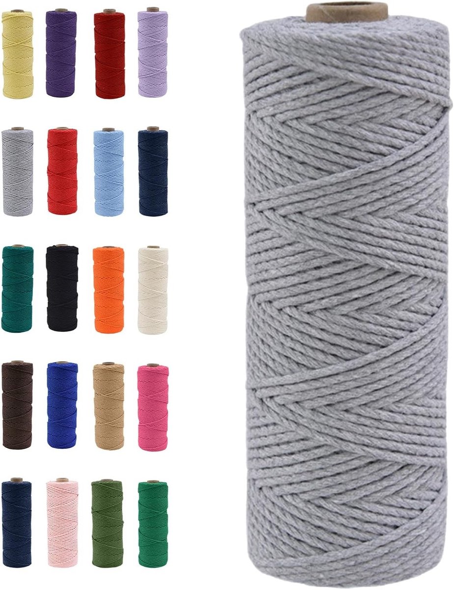 Natuurlijke Katoenen Macrame Touw van 100m in Grijs, Perfect voor DIY Ambachten, Macrame Kunst en Cadeauverpakking