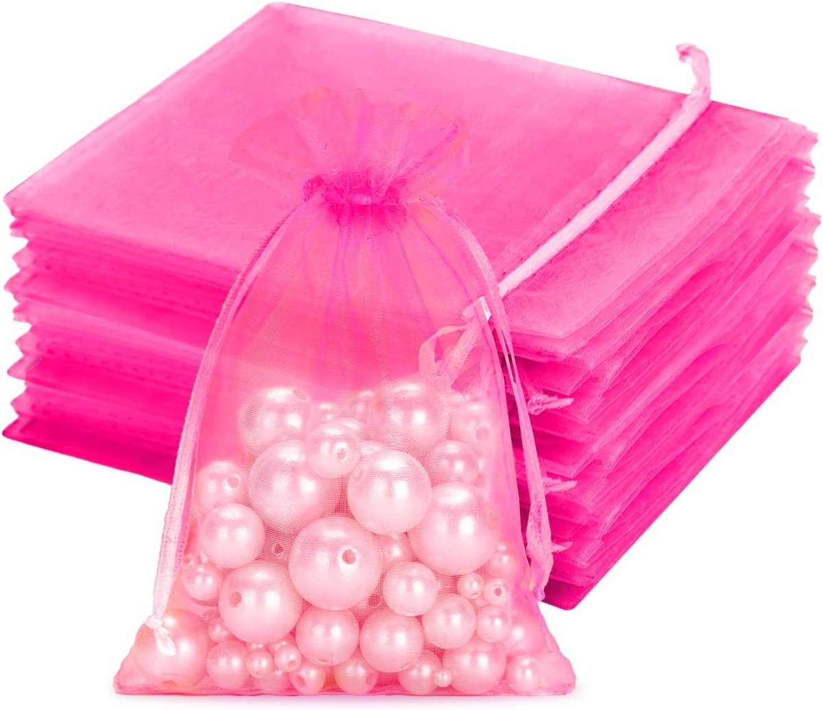 Set van 50 Organza Tassen 10 x 15 cm Grote Cadeautassen met Trekkoord voor Trouwen, Feest en Snoepjes - Roze Rood