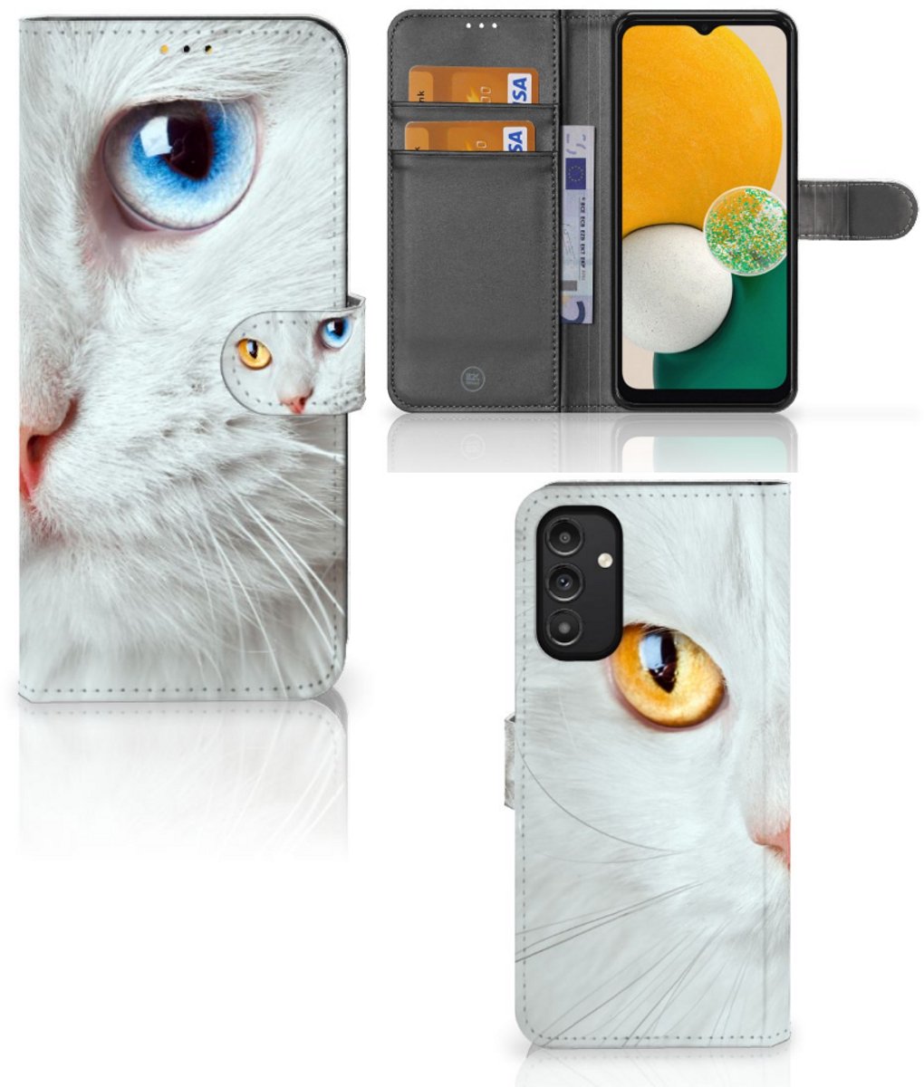 Samsung Galaxy A14 5G Telefoonhoesje met Pasjes Witte Kat