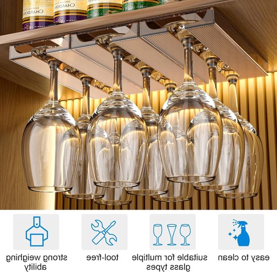 Set van 4 hangende wijnglashouders voor het ophangen van glazen zonder boren, ideaal voor bar, restaurant en keuken (bruin) — afbeelding 2