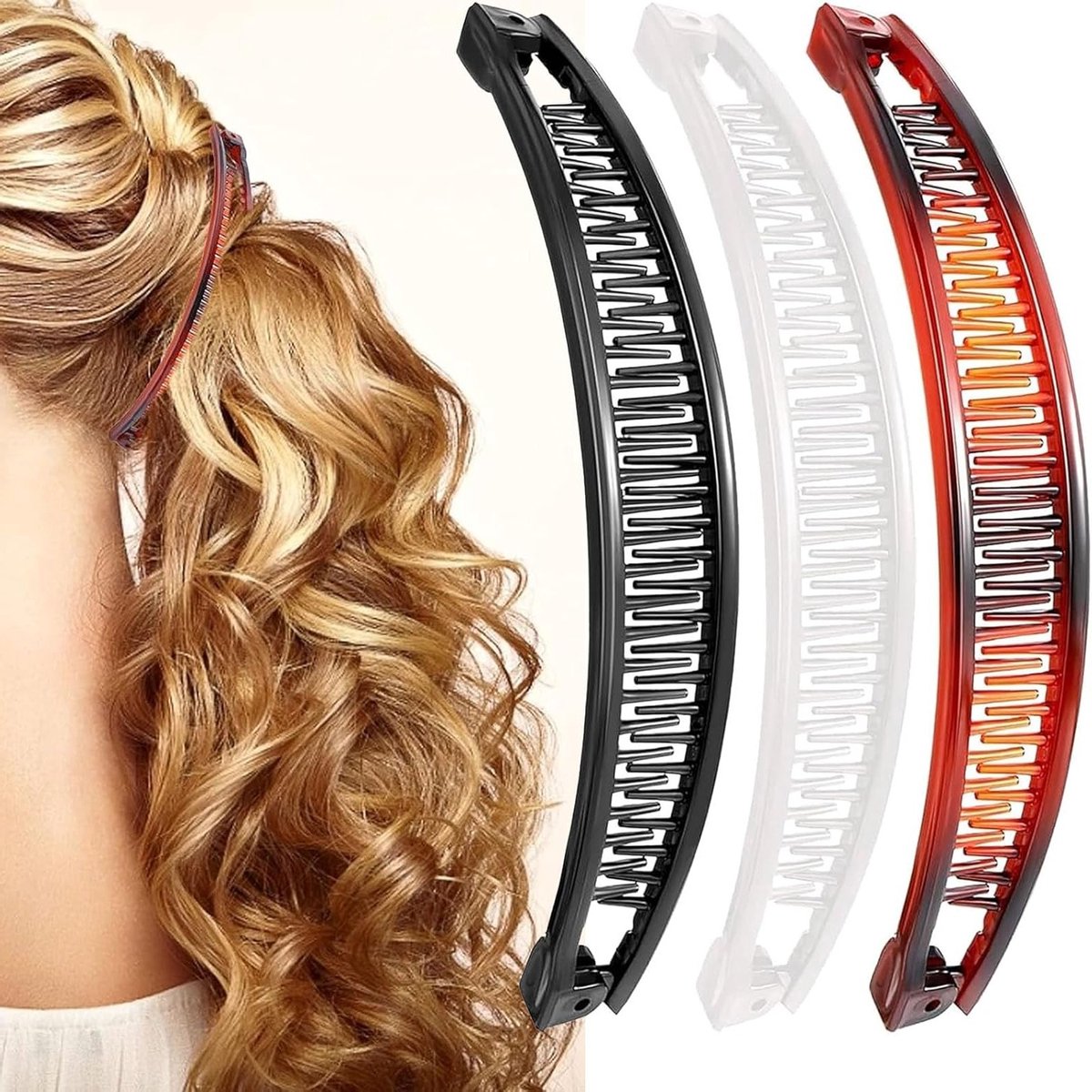 Vintage Grote Haarclips voor Vrouwen - 3 Stuks Bananenclips voor Dun Haar, Haaraccessoires voor Meisjes in Zwart, Wit en Bruin