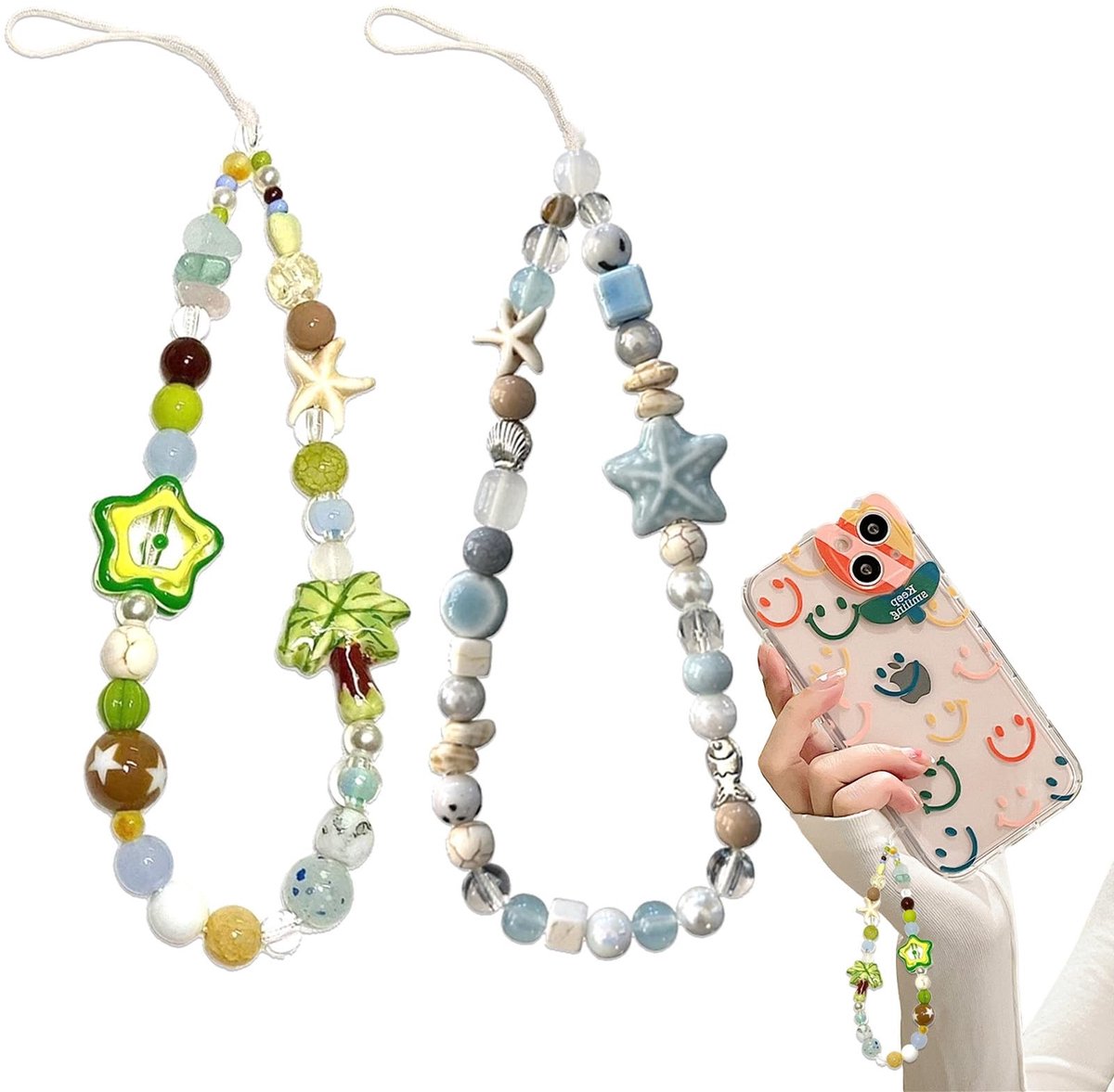 Allecto - - Mobile Phone Pendant - Sleutelhanger - Anti-verlies functie - Blauw en groen - Telefoonkoord - Geschikt voor smartphones - Ster en kokospa