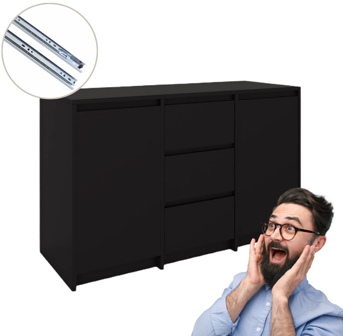 Fernika - Komoda - 3 Lades - 2 Deuren - Zwart - 120 x 75,2 x 43 cm