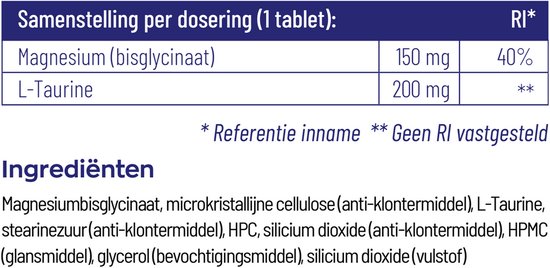 Samenstelling per dosering (1 tablet): Magnesium (bisglycinaat) 150 mg 40% en L-Taurine 200 mg.