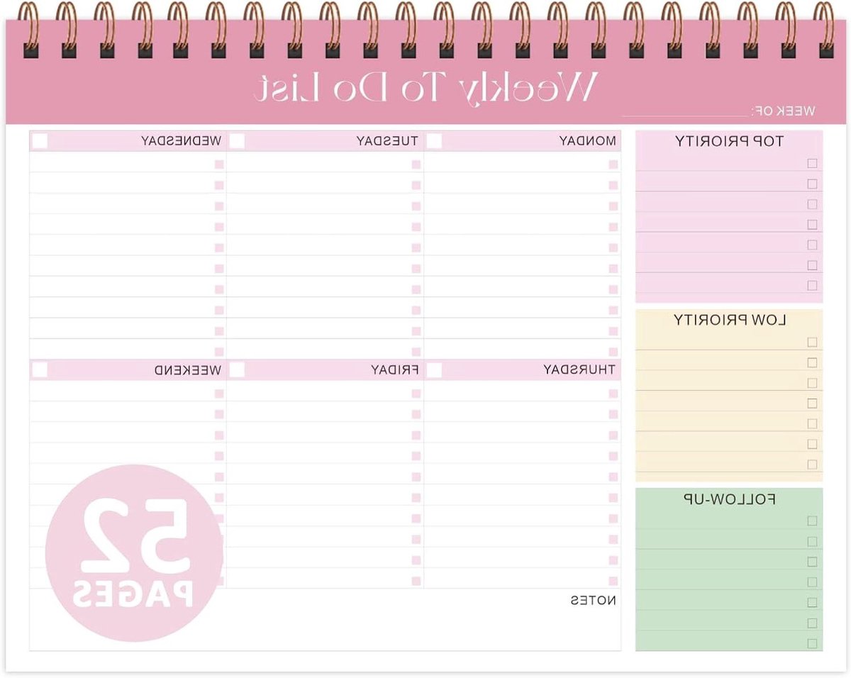 Wekelijkse To-do Lijst - Weekplanner Notitieblok - Productiviteit Verhogen - Ongedateerde Vellen - 20.5 x 38 cm - Roze
