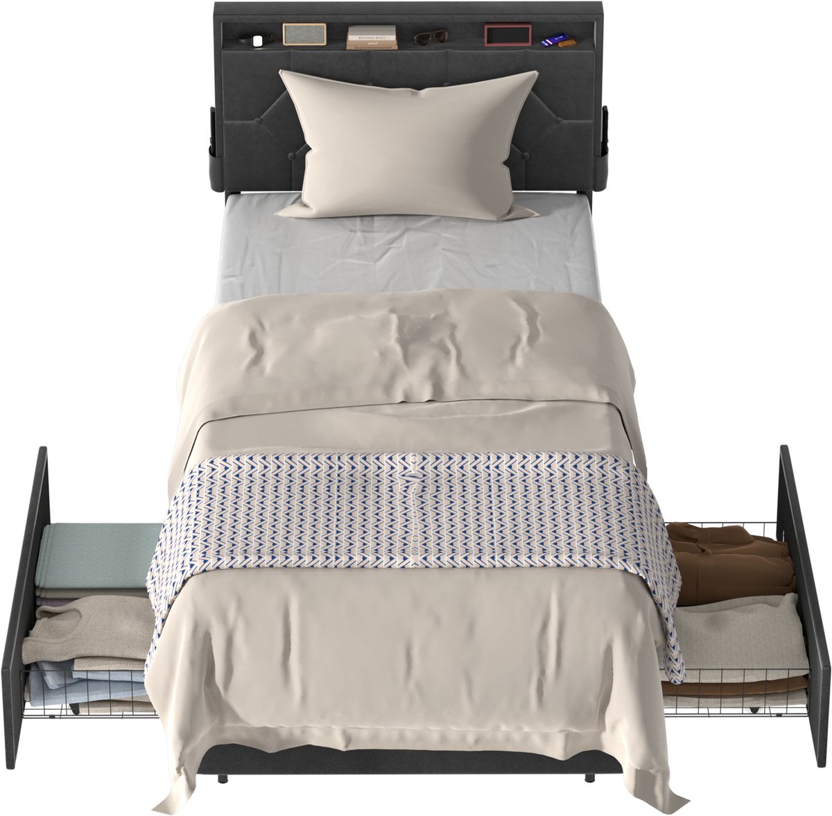 Froadp Platformbed van stof 90 x 200 cm, gestoffeerd hoofdeinde, bedframe voor eenpersoonsbed, bedframe in donkergrijs, modern design voor de slaapkamer