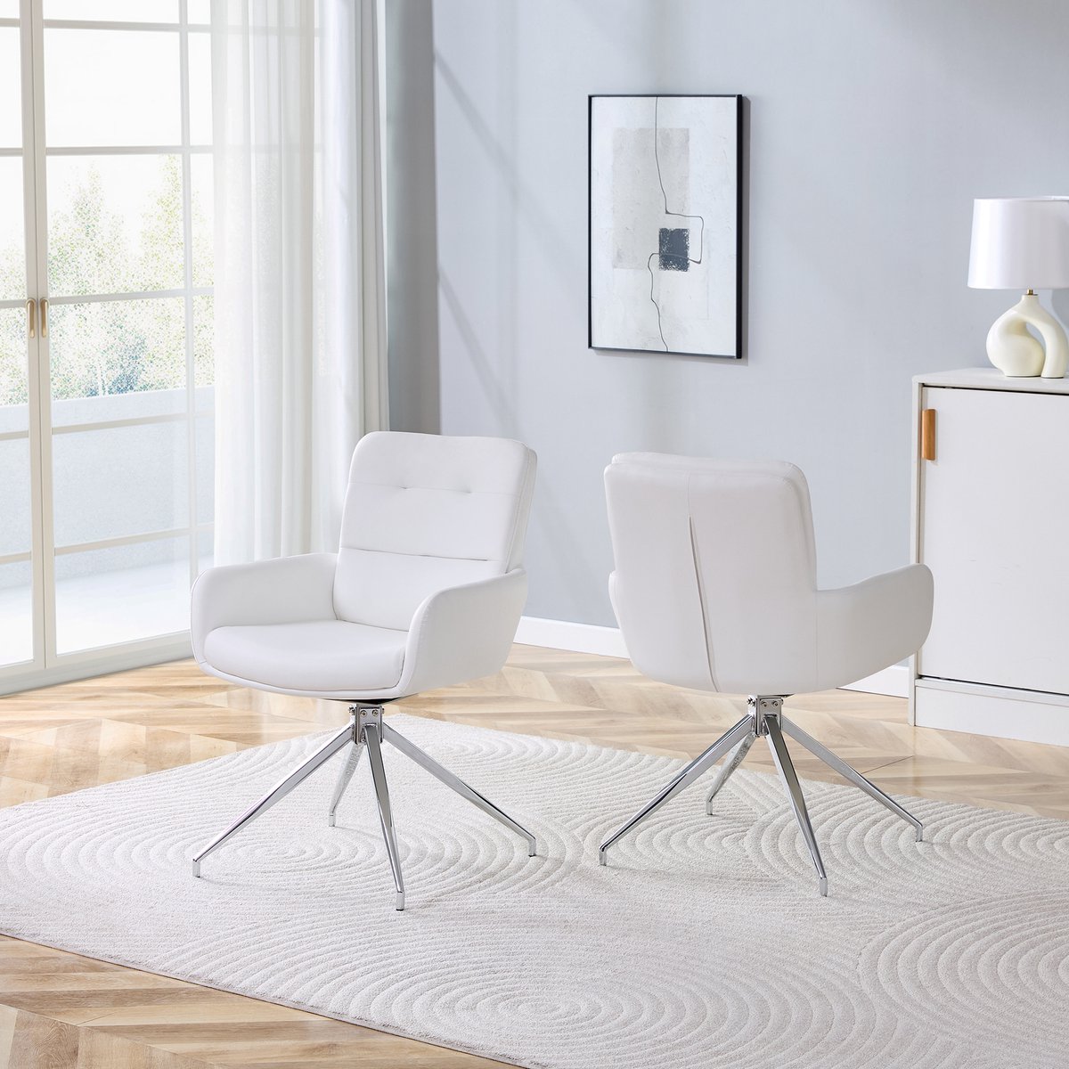 Wishdor - Eetkamerstoel - 360 Graden Draaibaar En Geluidsarm - Moderne Uitstraling - Voor Eethoek Of Zithoek - Kunstleer En Metaal - Wit Met Zilverkleurig Onderstel - Totale Hoogte 85 Cm - Rugleuning Met Knopen