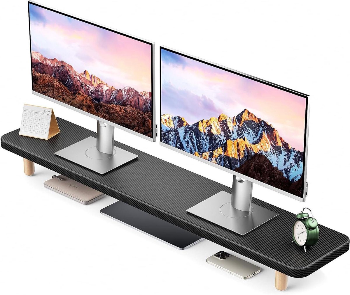 Dubbele monitorstandaard – grote 99 cm houten monitorhouder, kan 90,7 kg dragen – extreem sterke houder voor 2 monitoren/laptops/tv/pc/printers, organizer