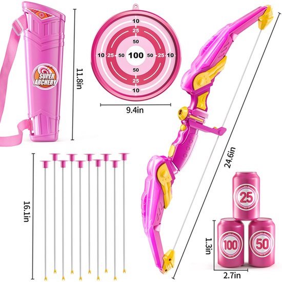 Pijl en boogset voor kinderen - LED-verlichte boogschietset met 10 pijlen met zuignappen, schietschijf en pijlkoker - Speelgoed voor binnen en buiten, jacht, cadeau voor jongens en meisjes - Roze — afbeelding 3