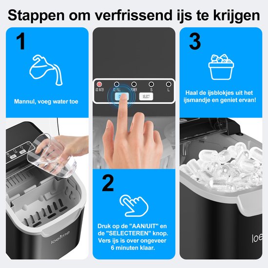 LOEFME Ijsblokjesmachine - 0,8L - Ijsblokjesmaker - 12kg/24 uur - Ijsmand & IJsschep - Zelfreinigingsfunctie - Zwart van Merkloos — afbeelding 3