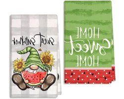 ARKENY Watermelon Leprechaun Summer Kitchen Towels Tea Towels Set of 2, Grey Buffalo Plaid Sweet Towels 45x66cm Dishcloth, Farmhouse Home Seasonal Holiday Summer Decorations AD332