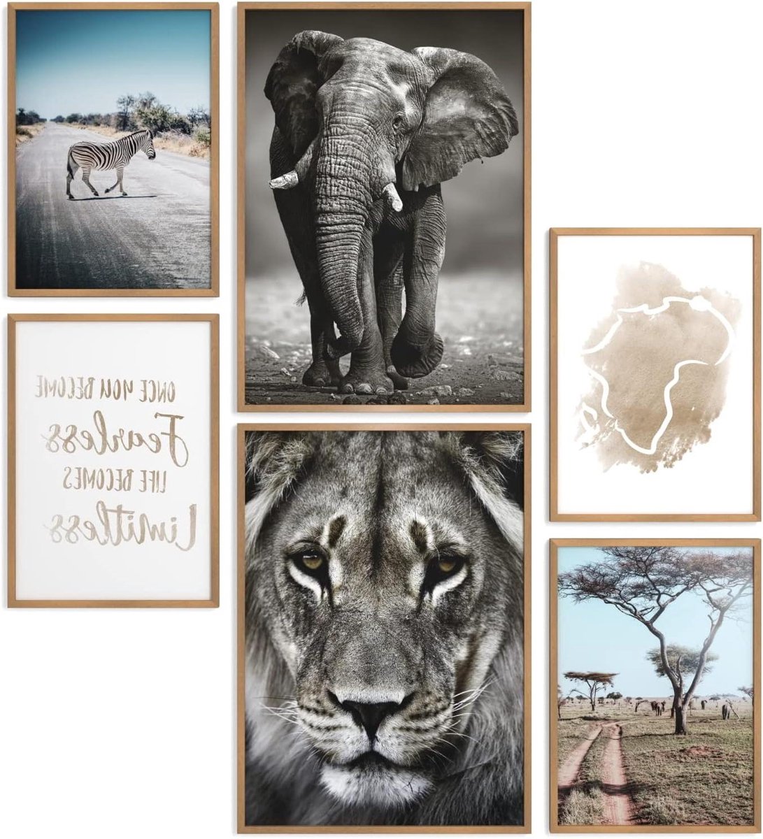 Poster Set Afrika - Wanddecoratie Set - Woonkamer Decoratie - 6 Delige Set - 2x A3 4x A4 - Natuur Hout