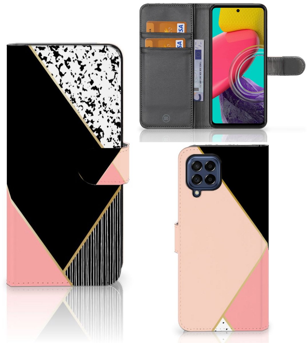 Samsung Galaxy M53 Book Case Zwart Roze Vormen