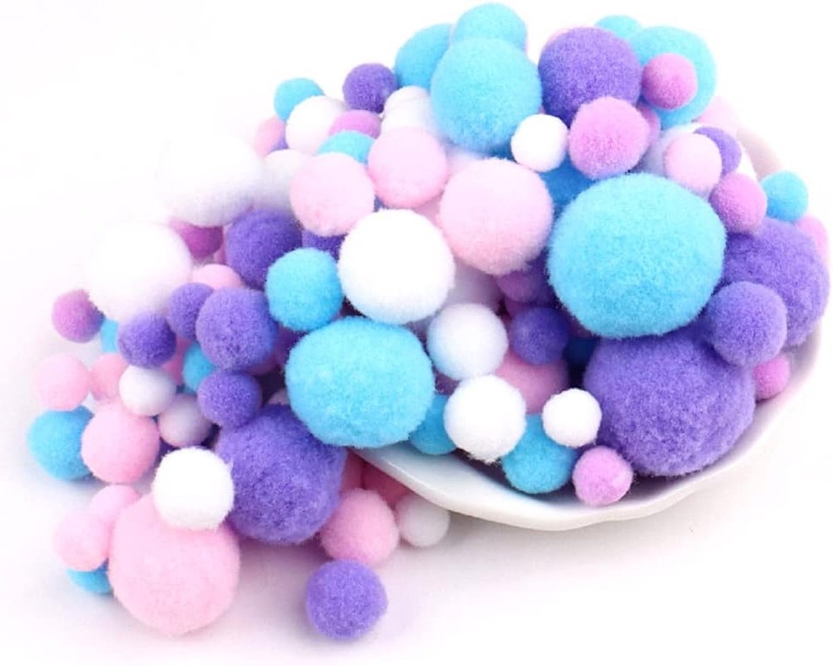 Kleurrijke Mini Pompons voor Creatief Knutselen, 10-30mm Fluffy Bollen, Decoratie en DIY Handwerk Accessoires in Violet, Blauw en Roze