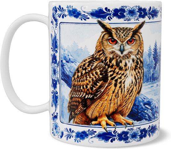 Blanc avec hibou et paysage bleu de Delft, avec bordure décorative bleue.