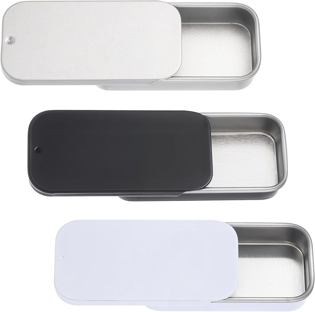 Set van 3 Metalen Blikjes met Schuifdeksel, Lege Rechthoekige Opbergdozen voor Sieraden, Knutselen en Snoep (5 x 2,5 x 1 cm)