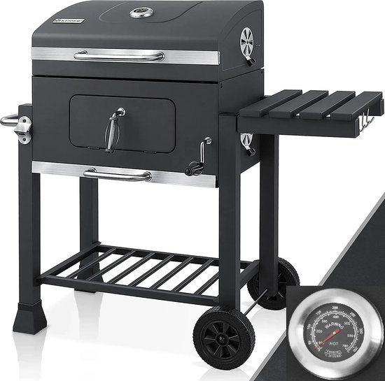 LUMÈ STORE Houtskool BBQ Grill - Trolley Barbecue met Deksel & Thermometer - Groot - Met Wielen, Zijtafel & Aslade - Zwart van Merkloos — afbeelding 5