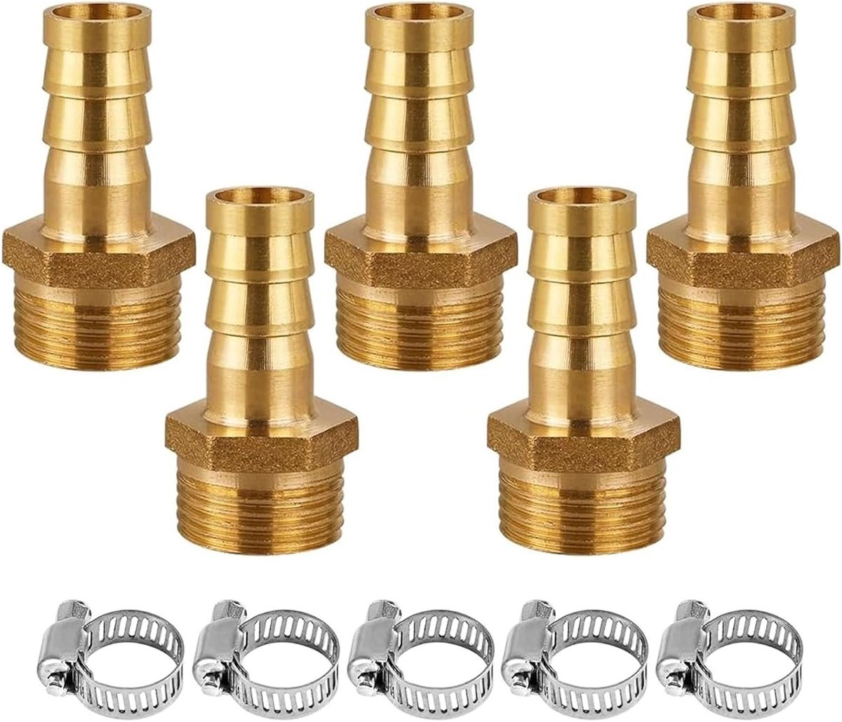 5 Stuks 10mm Barbs x 1/2 Inch Mannelijke Draad Slangadapter met Slangklemmen voor Lucht, Water en Brandstofslangen