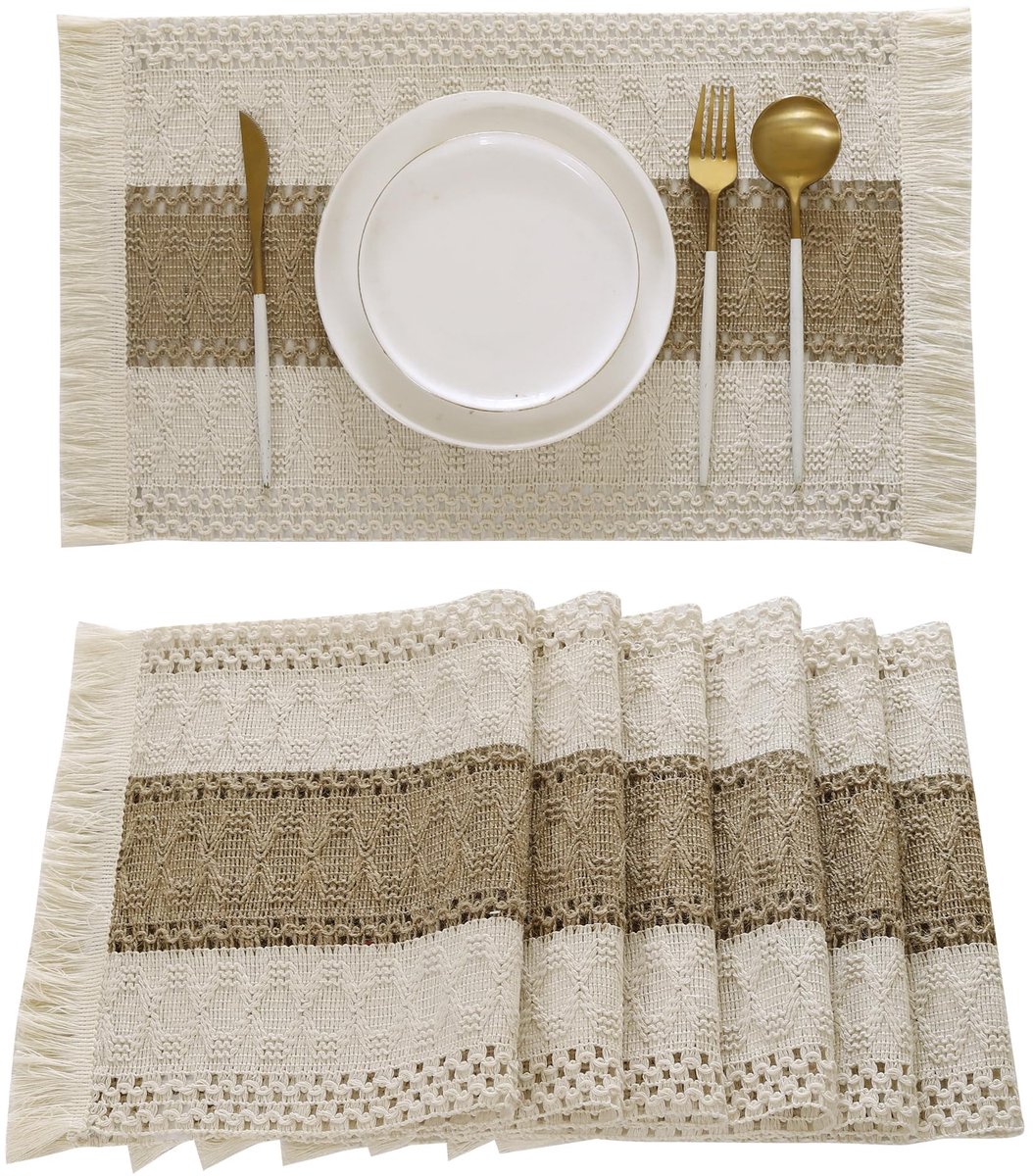 carmdering - Plaatsmat - Placemat - Tafelmat - Set van 6, 30×50 cm, boho franjerand - Katoen-polyester en jute, wasbaar - Beschermt tegen krassen en hitte - Bruin, perfect voor dagelijks gebruik