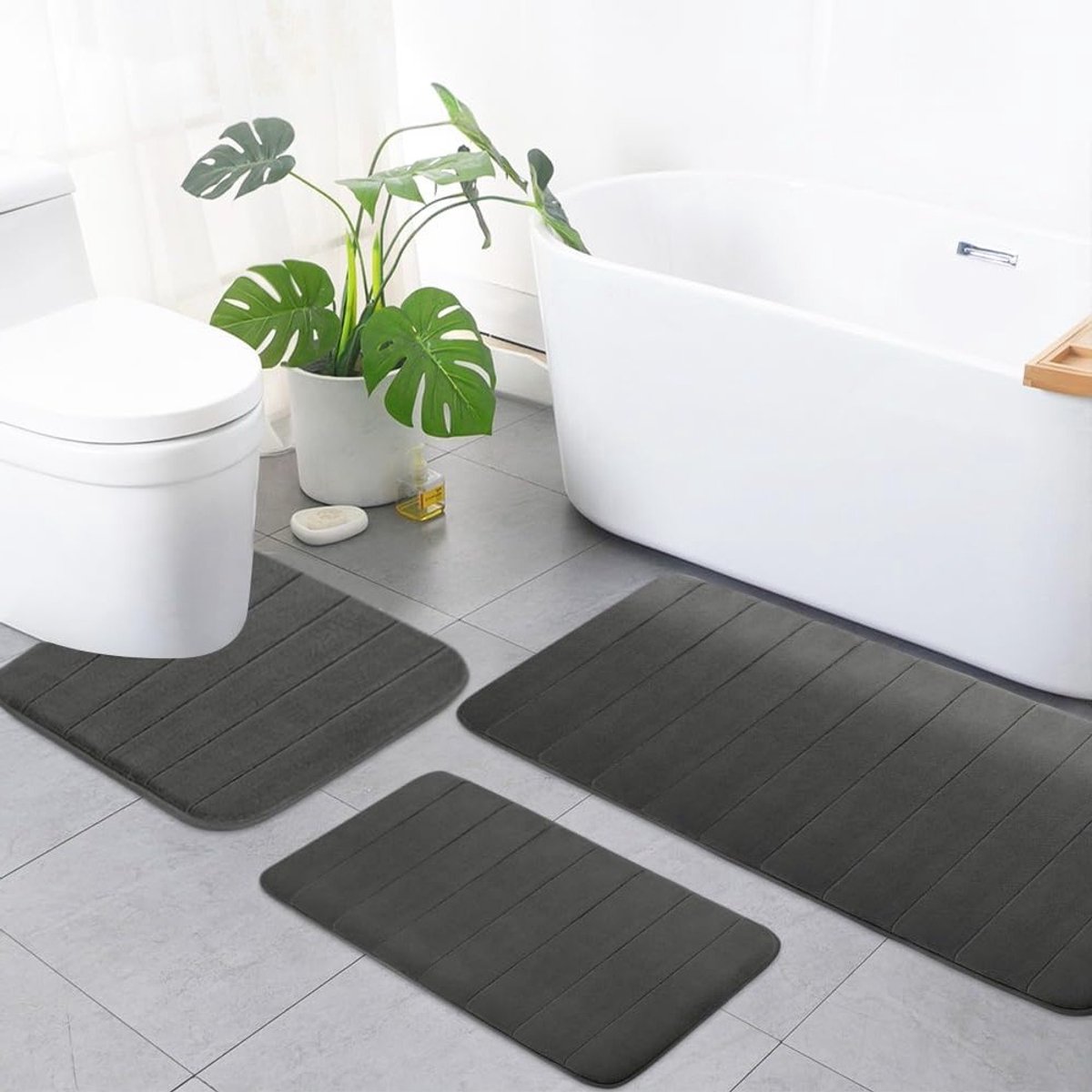 Set van 3 Donkergrijze Antislip Badmatten - Wasbare Badkamer Matten voor Douche, Bad en To