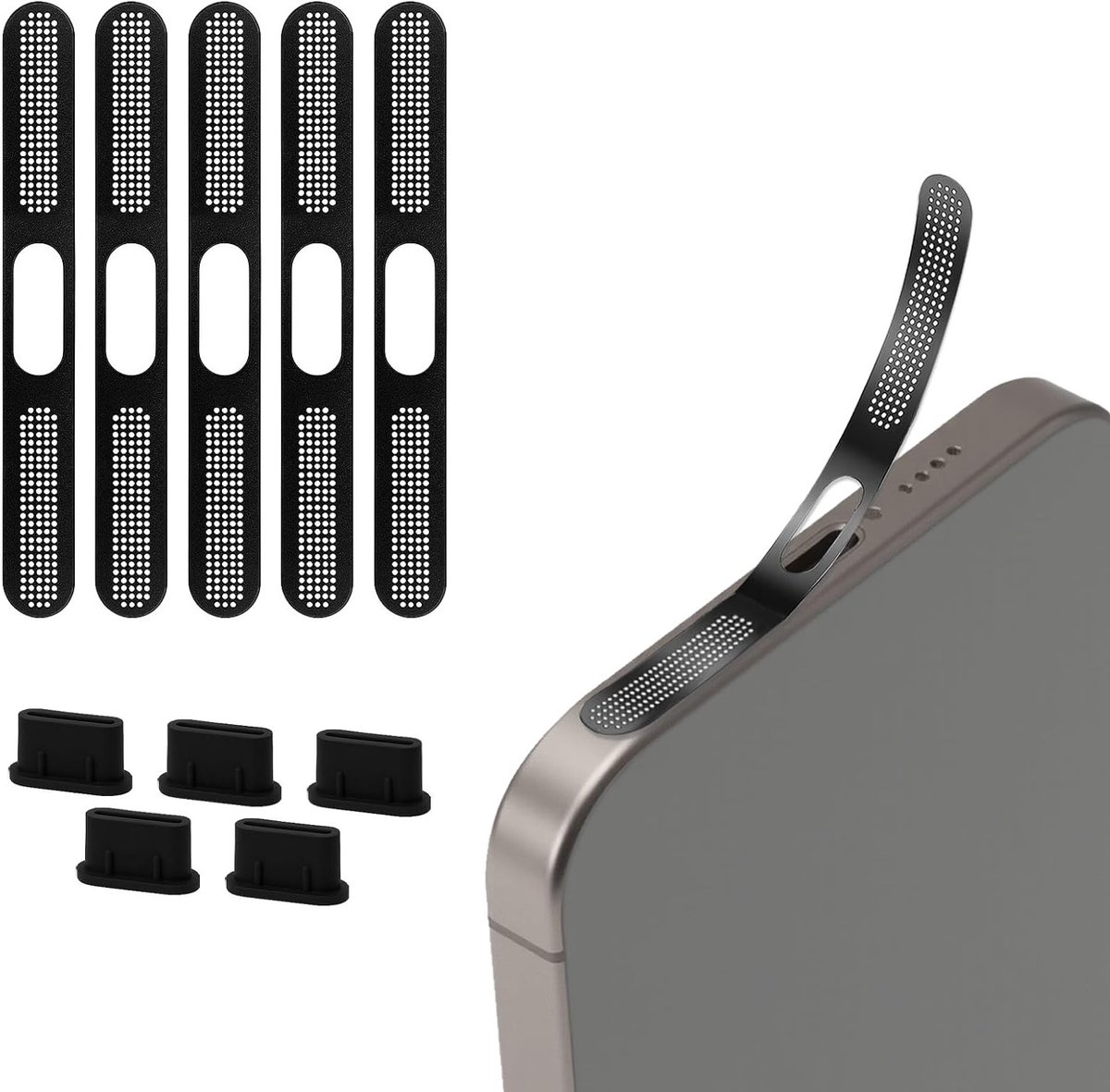 USB-C Stofbescherming Kit voor iPhone 15/16 - 5 Stuks Stofpluggen en 5 Stuks Speakers, Hoogwaardige Silicone en Metaalnet, Volledige Bescherming voor Oplaadpoorten en Geluidskwaliteit