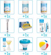 Zwembad Onderhoudspakket - Onderhoud Zwembad - bevat Chloor - PH-min - PH-plus - Thermometer - Scrubborstel - Reparatiesetje - Testrips - Chloordrijver en Strandbal (9-delig)