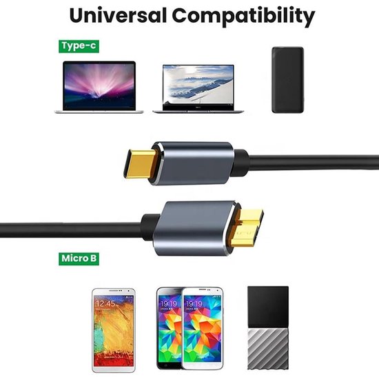 Externe Harde Schijf Kabel - USB C naar Micro-B - Snelle Data Overdracht - 3A Snelladen - 25 cm - Zwart — afbeelding 2