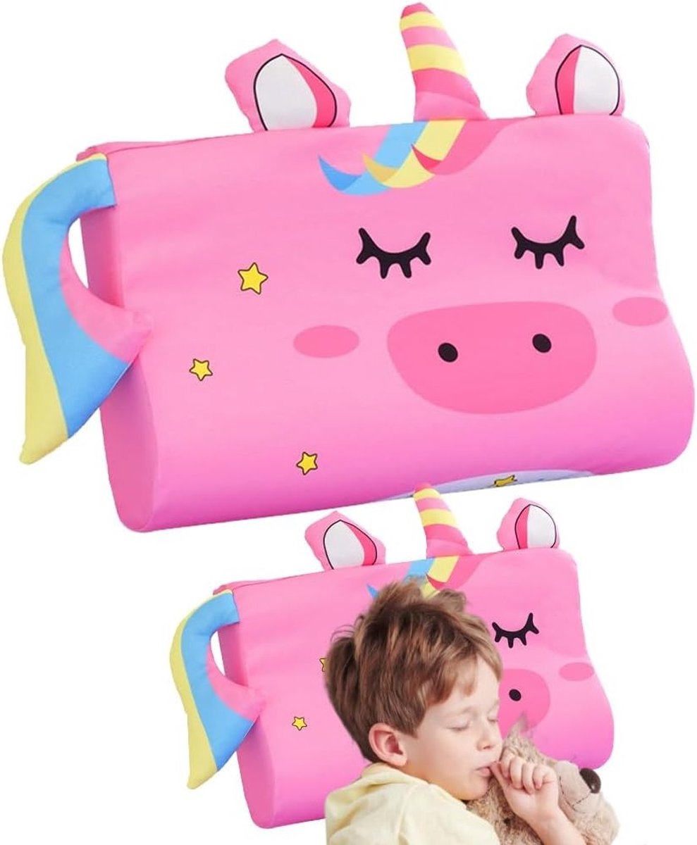 Uniek ergonomisch kinderkussen 46 x 26 cm, nekkussen voor een goede nachtrust, anti-snurkkussen met afneembare overtrek, eenhoorns design