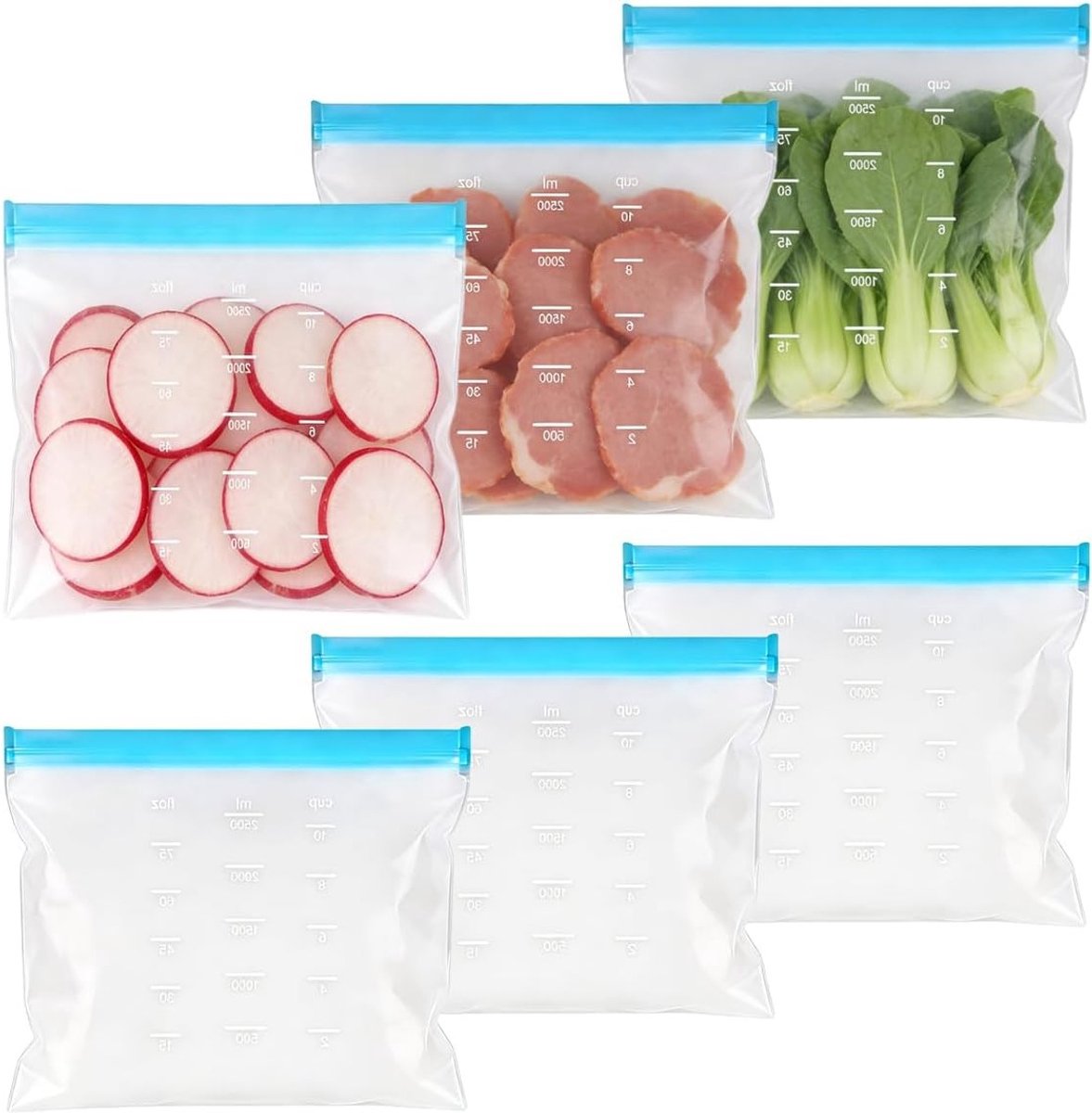Herbruikbare Siliconen Diepvrieszakken - 6 Stuks, BPA-vrij, Staand Bodemdesign voor Fruit, Groenten en Vlees, 27.5cm × 21cm