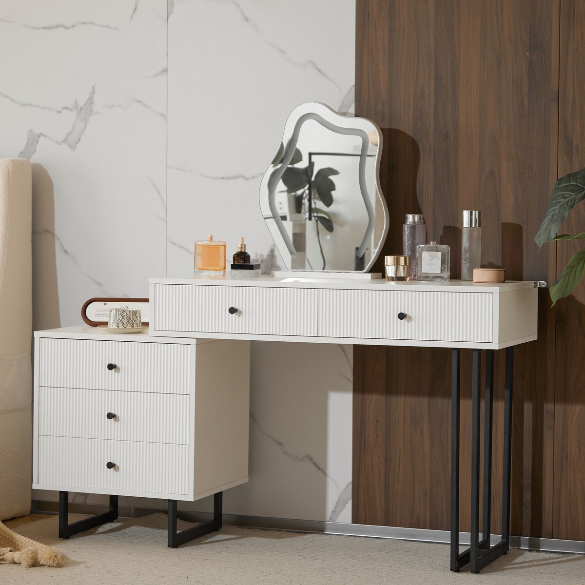 MODENUIT Kaptafel - Spiegel Met Dimbare Ledverlichting En 5 Lades - Voor Slaapkamer - Spaanplaat Wit - 100x40x76 Cm