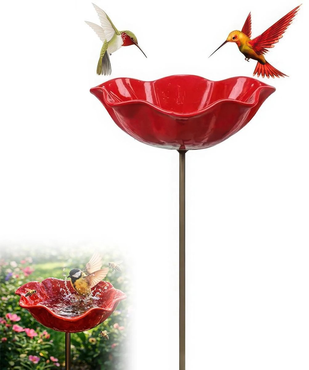 Decoratieve metalen vogelbadkom, bloemvormige tuintopper, geschikt voor het decoreren van terrassen, patio's en tuinen - Rood
