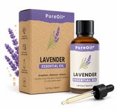 PureOil lavendel essentiële olie flesje en doosje met takjes lavendel en druppels olie. 100% puur, vegan.