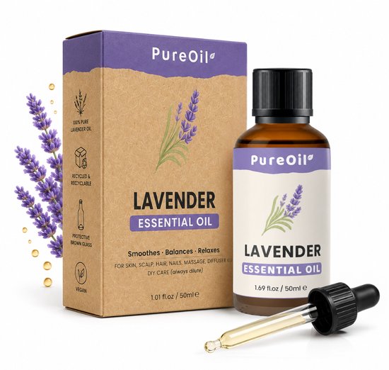 Flacon et boîte d'huile essentielle de lavande PureOil avec des brins de lavande et des gouttes d'huile. 100% pur, végétalien.